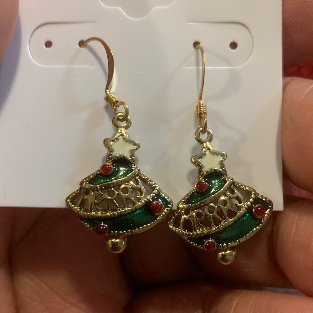 Gold and Green Christmas Tree Earrings